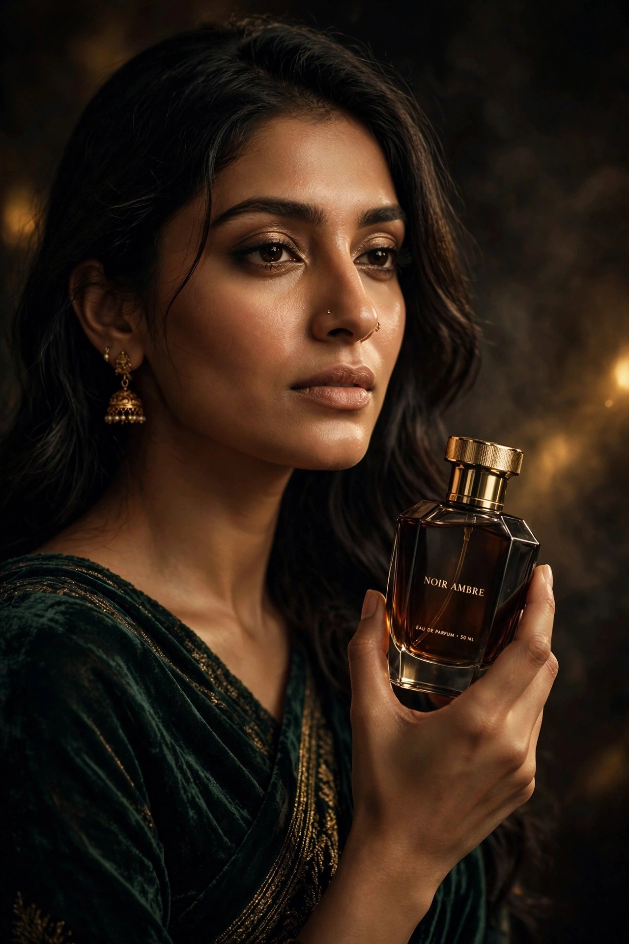 KHUSHBU perfume campaign — elegant South Asian woman holding a dark amber perfume bottle